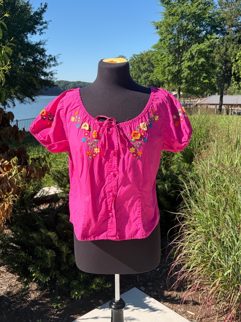 Y2K Lemon Grass Embroidered Floral Peasant Top Pink Boho Cottagecore PL